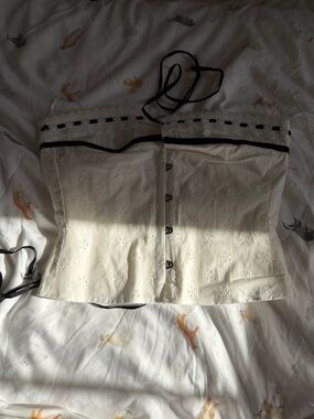 With Jean Cream Eyelet Corset Top with Black Trim